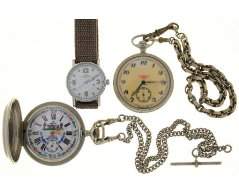 AN EAGLEMOSS REPRODUCTION 1940S CANADIAN PILOT'S WATCH, A REPLAY BASE METAL WATCH ENGRAVED WITH A FARM, ON CHAIN, AND A RUSSI