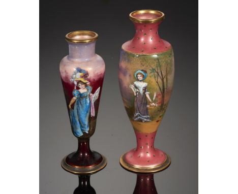 TWO LIMOGES ENAMEL VASES, EARLY 20TH C, painted with a young woman with a basket of flowers or fan by Erina, both signed, gil