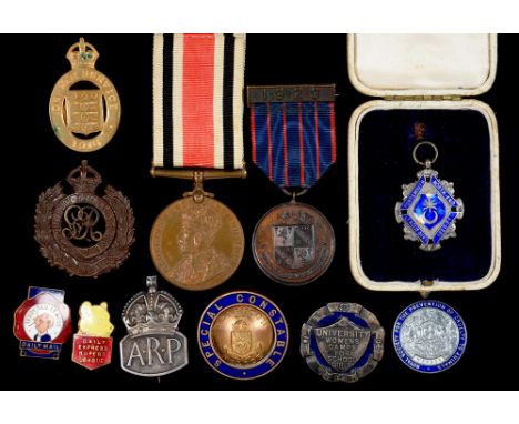 SOCCER. A SILVER AND ENAMEL WATCH FOB SHIELD INSCRIBED PORTSMOUTH NORTH END LEAGUE DIV. 1 1920-21, SEVERAL OTHER SPORTING MED