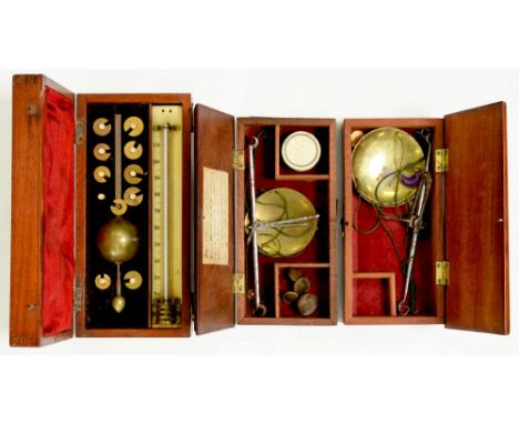 A VICTORIAN BRASS SIKES HYDROMETER WITH IVORY THERMOMETER, IN FITTED MAHOGANY CASE, BY L OERTLING, 20CM L AND TWO CONTEMPORAR