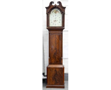 AN EARLY 19TH C INLAID MAHOGANY EIGHT DAY LONGCASE CLOCK, THE PAINTED BREAK ARCHED DIAL WITH LUNAR WORK INSCRIBED THOMAS SHER