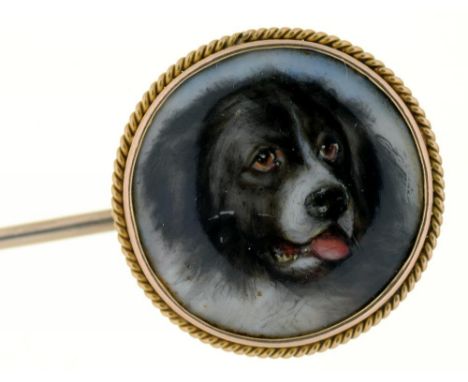 A VICTORIAN GOLD STICK PIN WITH ENAMEL TERMINAL, PAINTED BY WILLIAM ESSEX WITH THE HEAD OF A DOG, SIGNED TO REVERSE W.ESSEX A