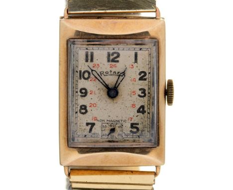 A ROTARY 9CT GOLD CASED LADY'S WRISTWATCH, DIAL 30 X 23 MM, LONDON 1955, ON A GOLD PLATED FLEXIBLE BRACELET++WATCH RUNNING. H