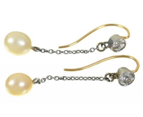 A PAIR OF PEARL AND DIAMOND DROP EARRINGS, THE OLD CUT DIAMONDS OF 0.5 CT APPROX, DROP 3 CM LONG INCLUDING LOOP++IN GOOD COND