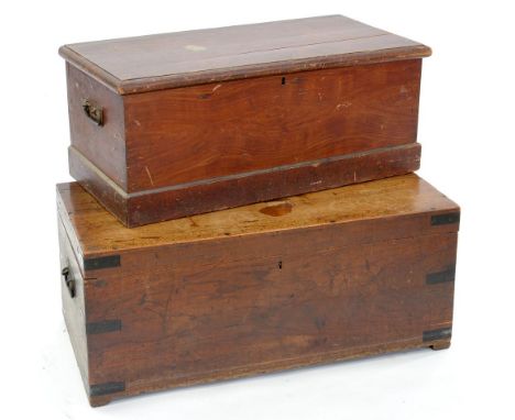 A VICTORIAN IRON BOUND TRUNK, POSSIBLY PADOUK AND A PAINTED PINE TRUNK, 39CM H; 91 X 46CM AND SMALLER 