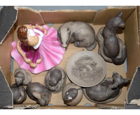 EIGHT POOLE POTTERY STONEWARE ANIMALS AND A DISH, VARIOUS SIZES AND A COALPORT BONE CHINA FIGURE OF SADIE, 21CM H, IMPRESSED 