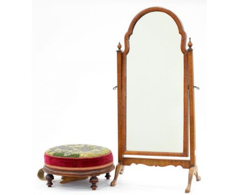A WALNUT MINIATURE CHEVAL MIRROR, 76CM H AND A VICTORIAN MAHOGANY FOOT STOOL WITH BEADWORK TOP