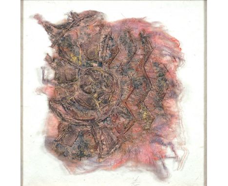 SHERRILYN TYLER, FRAGMENTS OF DURHAM CATHEDRAL TWO, EMBROIDERY, 49 X 38CM, ALYSYN MIDGELOW-MARSDEN, FOSSIL, SIGNED IN PENCIL,