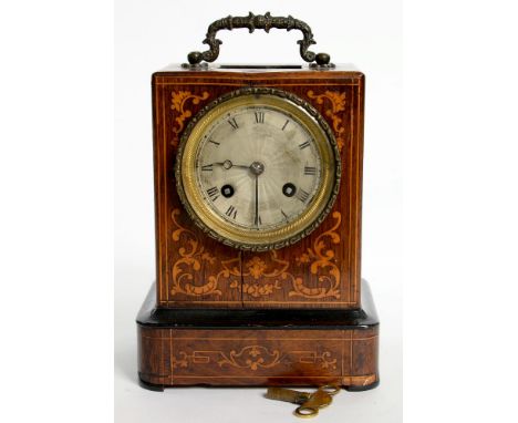 A FRENCH INLAID ROSEWOOD MANTEL CLOCK WITH SILVERED DIAL, 20CM H EXCLUDING HANDLE, MID 19TH C