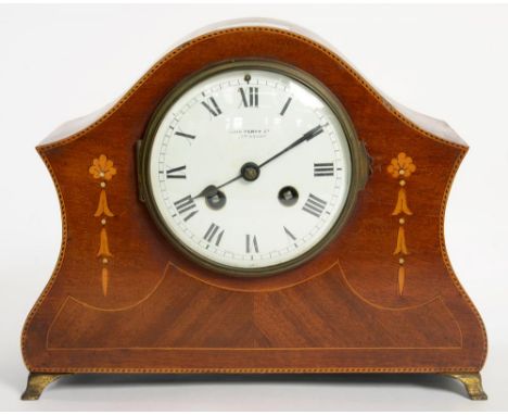 AN INLAID MAHOGANY MANTEL CLOCK, THE ENAMEL DIAL INSCRIBED JOHN PENNY LIMITED NOTTINGHAM, 20CM H, EARLY 20TH C