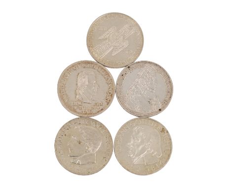   BRD Top 5 -  1 x 5 DM 1952/D, Germanisches Museum, vz-, Kratzer, minimale Tönung, kleine Randfehler. 1 x 5 DM 1955/G, Markg