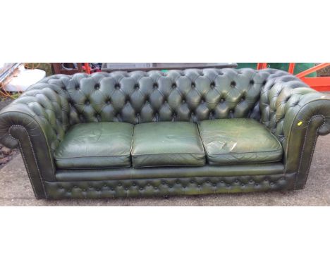 Green Leather Three Seater Button Back Chesterfield Sofa 