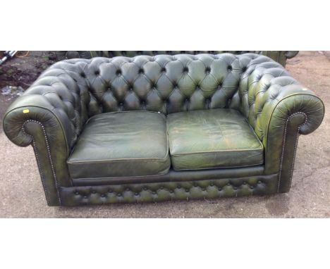 Green Leather Two Seater Button Back Chesterfield Sofa 