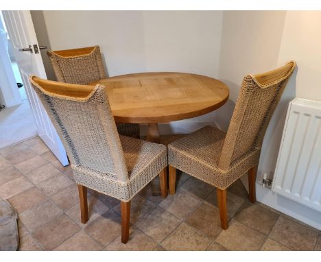 Light Oak Pedestal Table and 3x Matching Rattan Chairs 