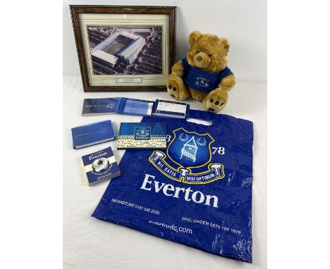 A collection of various Everton FC items to include a picture of Goodison park, little book of Everton quotes, a teddy bear w