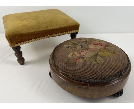 2 antique footstools. A wooden framed circular stool raised on tripod ceramic bun feet and with needlepoint cushion. Together