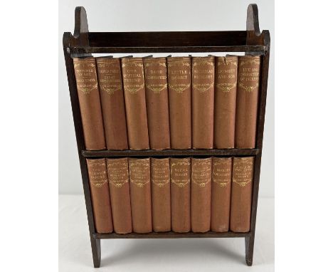 A small wooden shelf with 16 vintage cloth bound Charles Dickens books from Odhams Press. Shelf approx. 56cm tall x 36cm wide