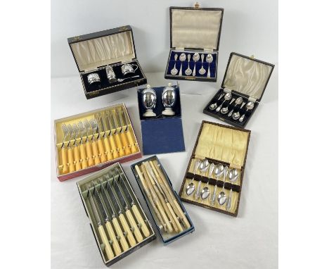 A collection of vintage boxed and cased silver plated cutlery and table ware. To include: Art Deco coffee spoons, sets of kni