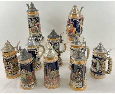 A collection of 10 assorted large vintage lidded ceramic steins, to include musical examples. In varying designs, sizes and s