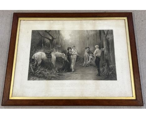 A large framed and glazed 19th century monochrome print "Between Love And Honour" published by Shepherd Brothers, London. Fra