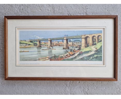 LNER carriage print, from a watercolour by Kenneth Steel; King Edward Bridge, Newcastle-Upon-Tyne. From the post war series 1