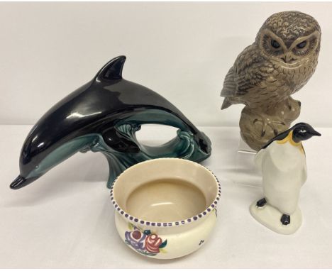 4 items of vintage Poole pottery. A large dolphin, large owl signed by Barbara Linley Adams, penguin and a hand painted flora