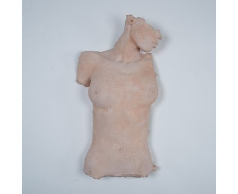 Light pink pottery wall art piece of the torso and partial face of a nude woman. Dimensions: 25.5"H x 13.5"W x 5"DCondition: 