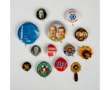 Set of original 1910s to 1950s political campaign pins/buttons with four Landon-Knox; one Charles E. Hughes; one Coolidge; on
