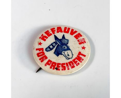 Vintage presidential campaign pin featuring a donkey wearing Estes Kefauver's iconic racoon skin cap. Red bold text reads, "K