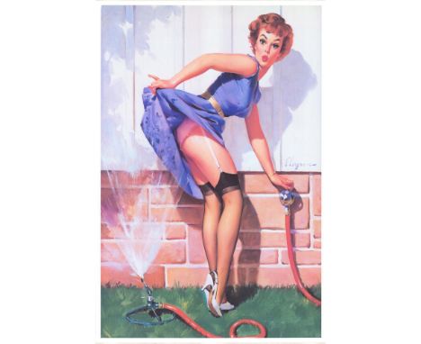Vintage print of pinup girl lifting up her skirt while getting wet by sprinkler water. Artist: Gil ElvgrenDimensions: 21"L x 