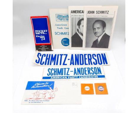Vintage. Includes: two buttons (0.75 in. D) with one stating "Schmitz" and the second "Nixon Now"; two stickers (11-15 in L x