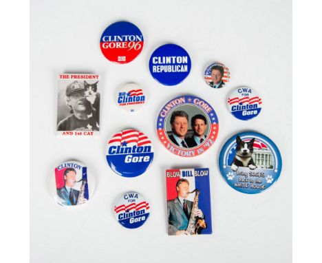Set of twelve original 1992 and 1996 Bill Clinton, Al Gore and Socks First Cat political campaign buttons. Includes one Clint