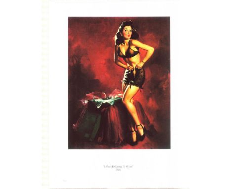 Vintage Print of pin up girl in black lacy underwear getting dressed. Titled I Must Be Going To Waist, 1950 Artist: Gil Elvgr