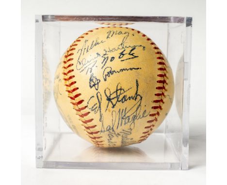 Original New York Giants team baseball including Hall of Famers Willie Mays and Leo Durocher ink signed. Includes two stamps: