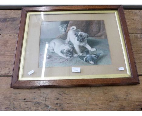 VICTORIAN CHROMOLITHOGRAPH PRINT OF TWO PUGS AND BULLFINCH, FRAMED AND GLAZED