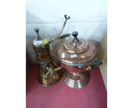 COPPER TEA URN TOGETHER WITH A BRASS CARBIDE LANTERN