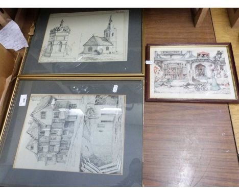 MIXED LOT: COLOURED PRINT AFTER ANTON PIECK TOGETHER WITH TWO FURTHER ARCHITECTURAL DRAWINGS, FRAMED AND GLAZED