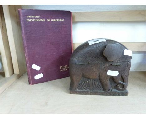 HARDWOOD ELEPHANT FORMED CIGARETTE BOX TOGETHER WITH AN ENCYCLOPEDIA OF GARDENING