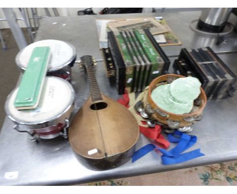 MIXED LOT: ASSORTED MUSICAL INSTRUMENTS COMPRISING TWO ACCORDIONS, BONGOS, TWO TAMBOURINES, A MELODICA BY HOHNER AND A MANDOL