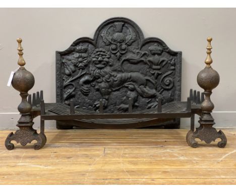 A cast-iron fire back, decorated with thistle, rose and fleur de lys motifs, further cast with reference to the Bishops War o