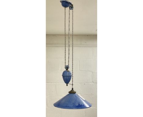 A Vintage French blue glazed ceramic rise and fall pendent light fitting, the conical shade stamped 'Terre D'Hautaniboul' sha