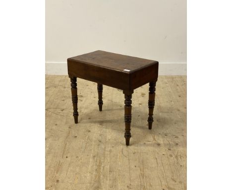 A Victorian mahogany commode, the lift off top with ceramic liner behind, raised on ring turned supports. H50cm, W53cm, D32cm