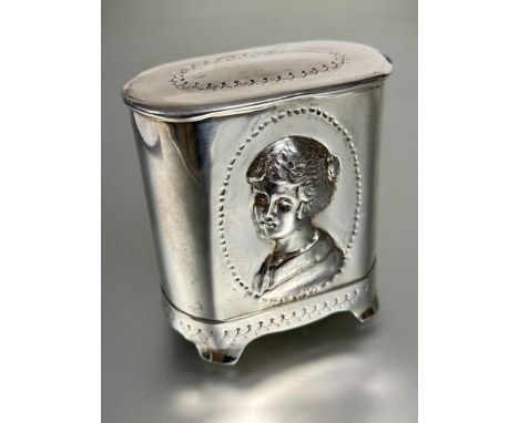 A Edwardian Birmingham silver oval tea caddy with chased portrait panel to fron and chain link decorated panel to top and apr