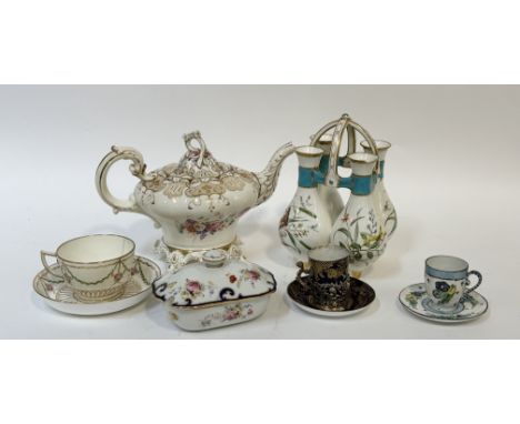 A collection of various wares comprising, a Crown Staffordshire Eggshell Demi cup and saucer with blue enamelling and gilt de