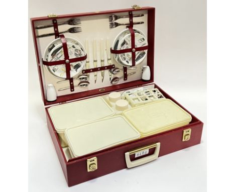 A vintage mid-century picnic set with Barker Bros 'Fiesta' pattern crockery, Stewart/Brexton Tupperware-type containers, cutl