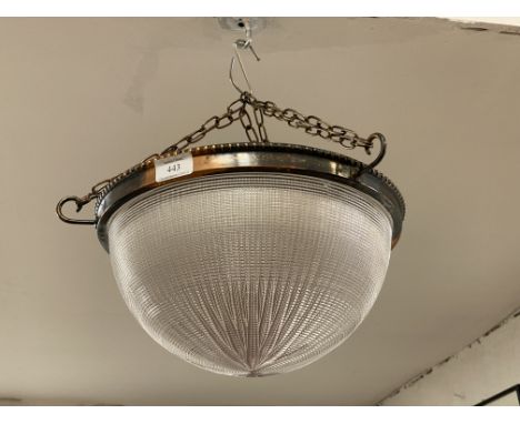 A vintage Holophane hanging pendant light fitting, domed and moulded glass shade shade with chains.&nbsp;
