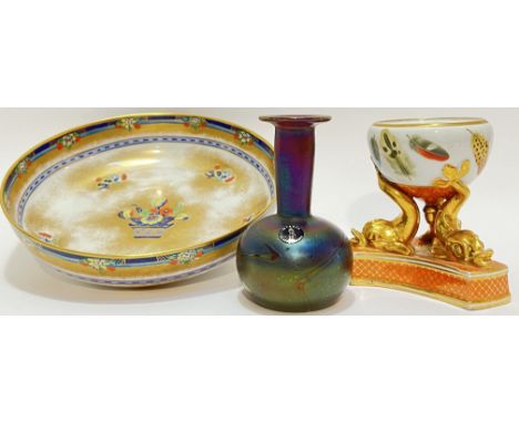 A mixed lot comprising a Chamberlains Worcester tripod pot (missing lid) modelled with three gilt dolphins and decorated with