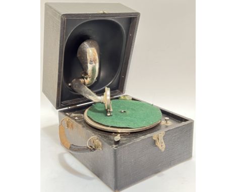 A vintage portable record player with "Crescendo" Junior Sound Box and accessories/needles etc...(h- 21cm, w- 26cm)