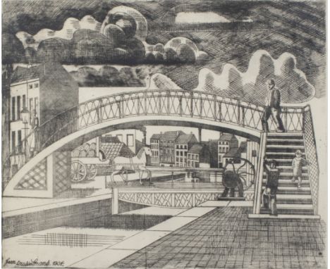 Jean BRUSSELMANS (1884-1953), etching La passerelle (1934), signed and dated 1934 in the plateJean BRUSSELMANS (1884-1953), e
