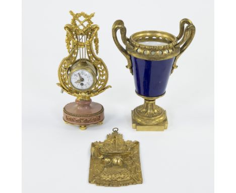 Sèvres vase with bronze mount, clock in bronze doré with marble base style Louis XVI and bronze holder for a pocket clock, Fr